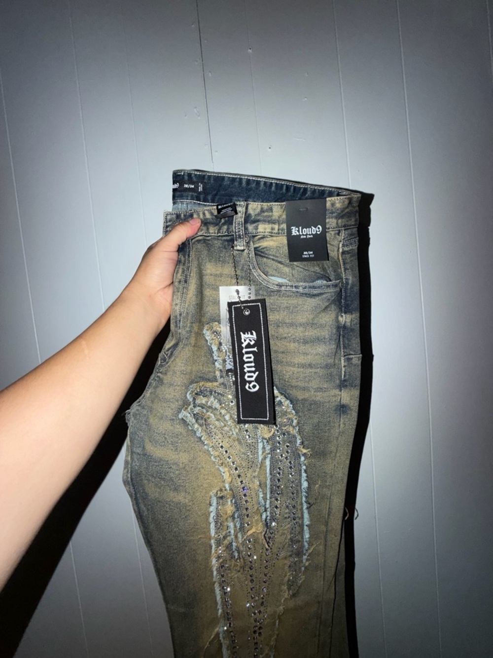 Men's Distressed Olive-Green Jeans with Embellishment - Picture 1 of 7